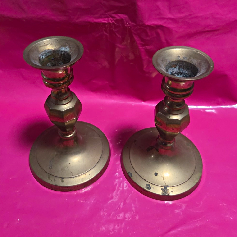 Pair Brass Taper/Dinner Candlestick Holders 6in Traditional Round Made in India